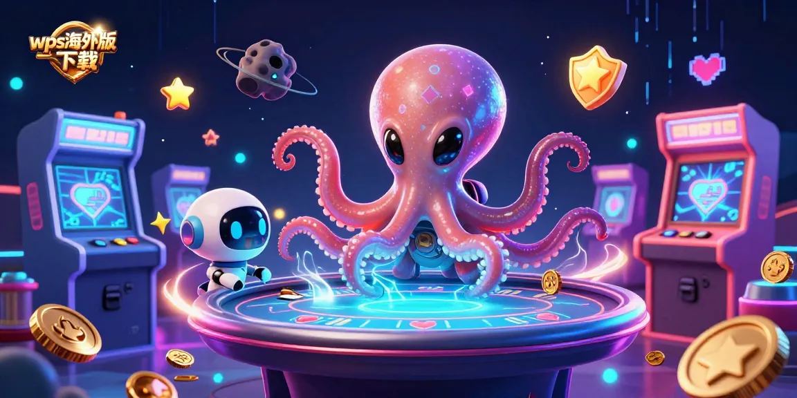 wps海外版下载中，一个外星海洋生物操作浮动全息扑克桌的创意插图，围绕着动态元素。