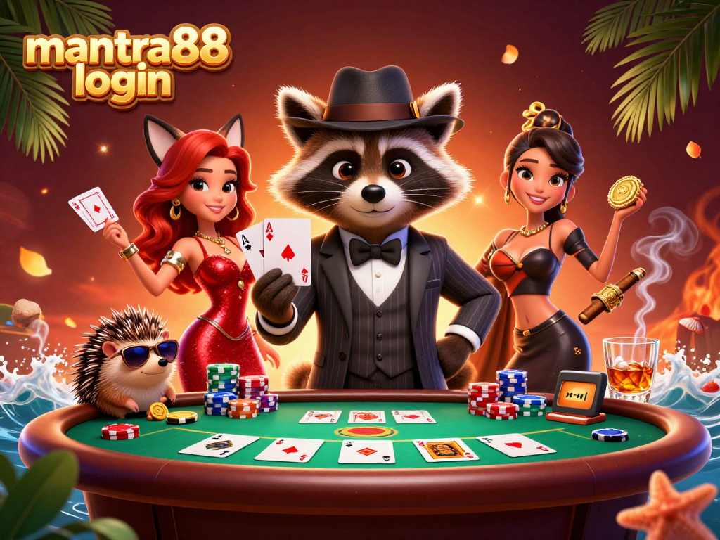 Engaging scene depicting mantra88 login with characters at a poker table showcasing ultimate gaming excitement.