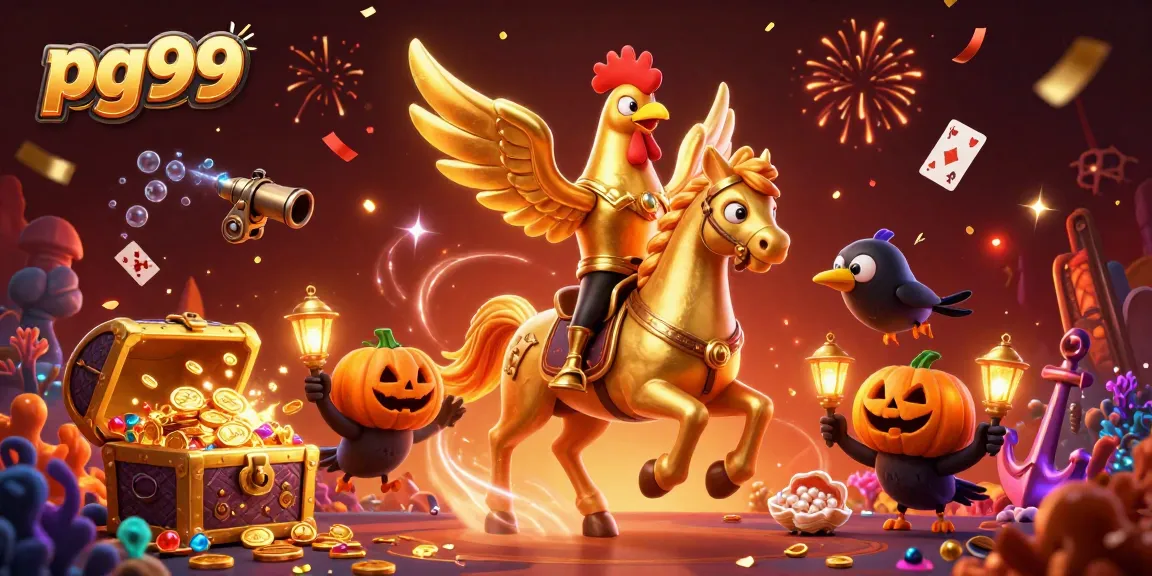 pg99's casino adventure features a golden rooster and magical companions celebrating with treasures and confetti.