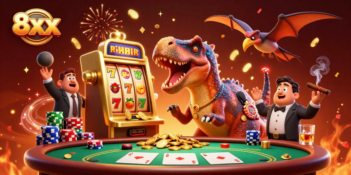 Engage with the vibrant 8xx casino scene featuring characters celebrating a jackpot payout amidst a rich display of gaming elements.