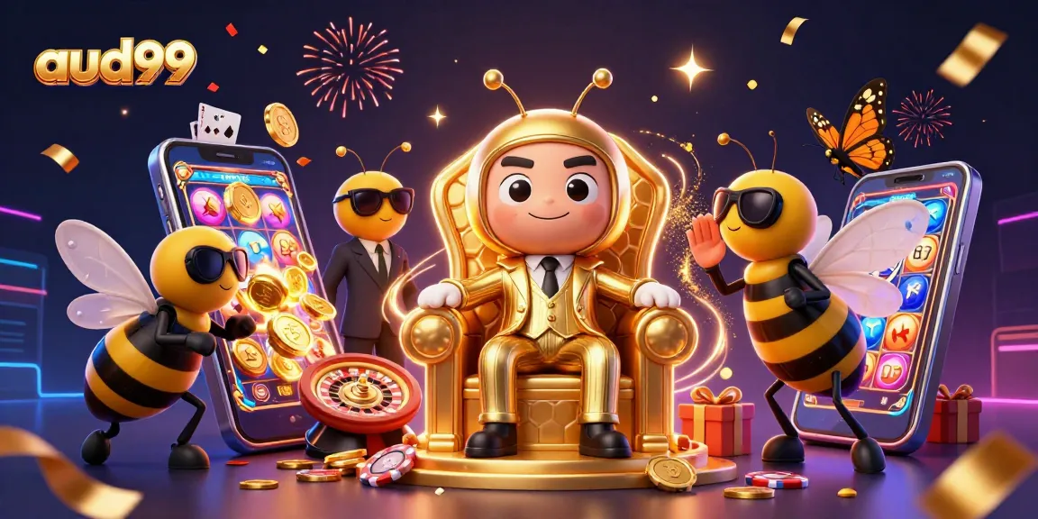 Spin the reels with aud99 in a vibrant casino scene featuring a bumblebee mob boss and winning symbols.