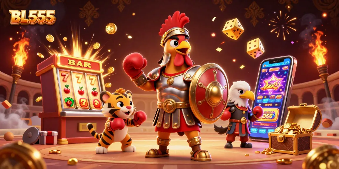 Experience the thrill of winning at BL555 with a dynamic casino scene featuring a gladiator rooster and tiger cub.