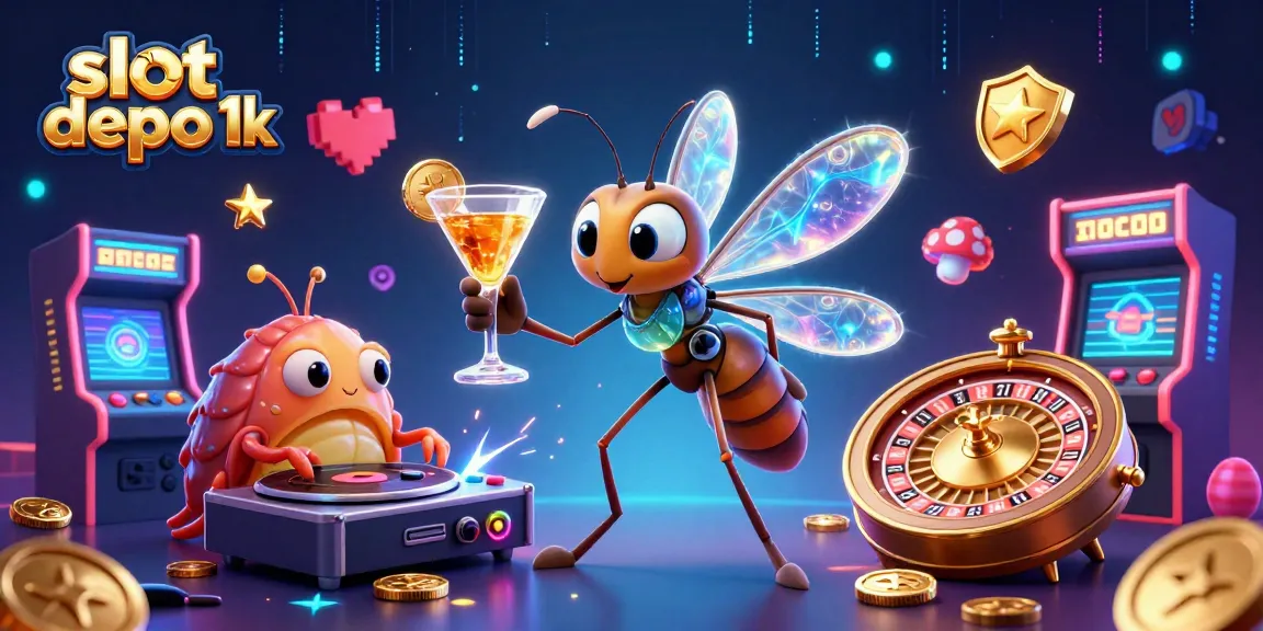 Slot depo 1k: Kasino virtual dengan karakter kasino dan mesin slot 3D menarik yang penuh warna.