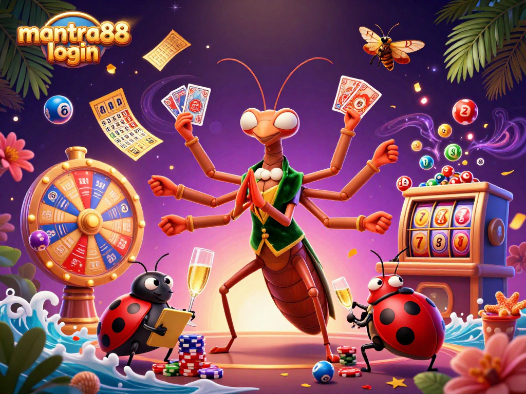Experience mantra88 login excitement with vibrant 3D casino illustration showcasing games and dynamic action.