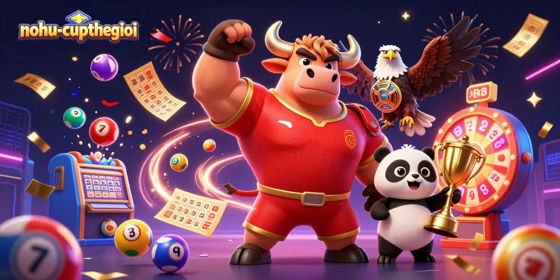 Engage with nohu-cupthegioi in a vibrant lottery celebration featuring animated characters and dynamic gaming elements.