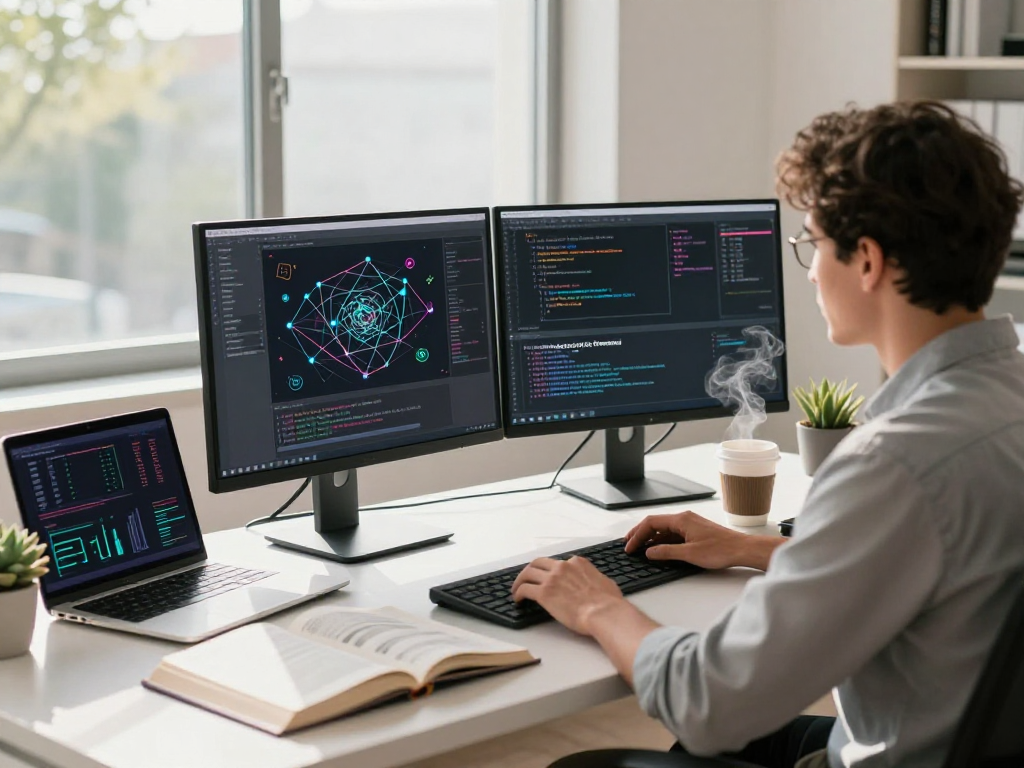 Developer working on blockchain solutions using acrossprotocol in a modern workspace with dual monitors.