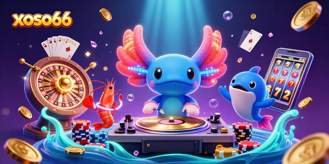 xoso66 features a vibrant 3D illustration with an axolotl DJ, glowing coins, and spinning roulette.