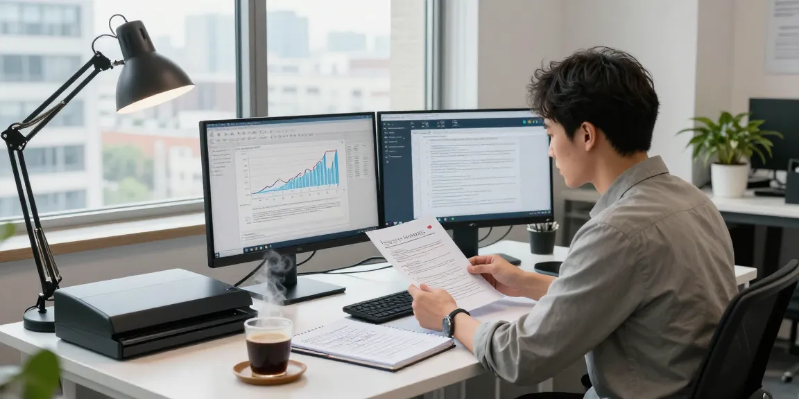 Engaged data analyst conducting document fraud detection analysis with dual monitors and various digital documents.