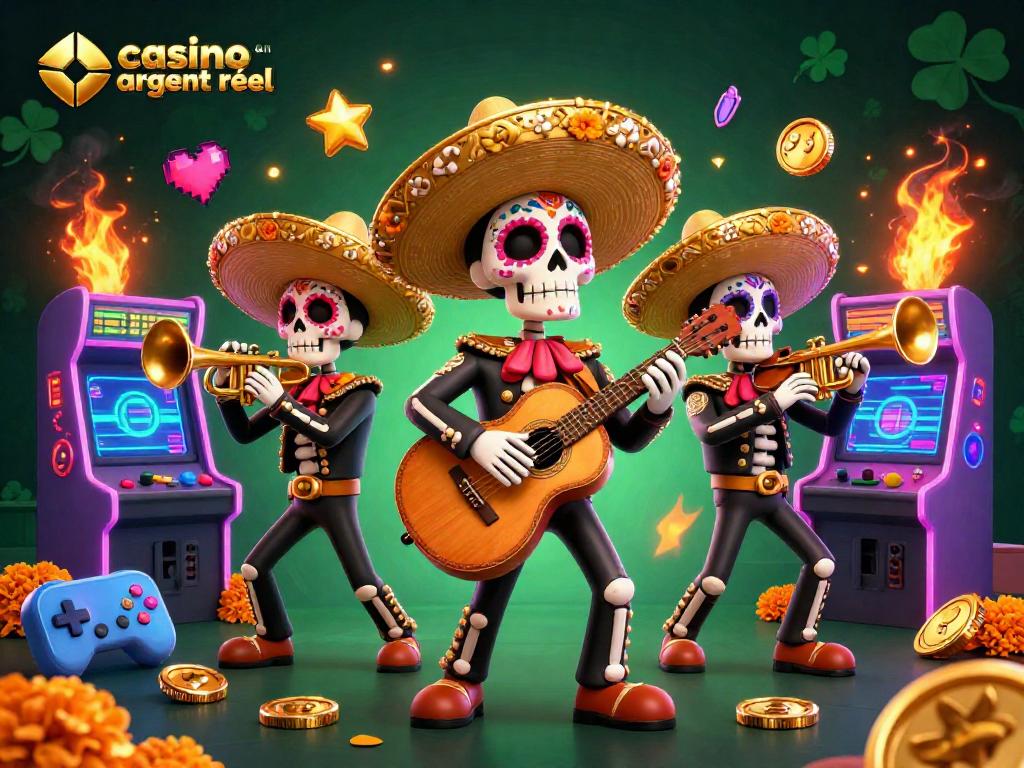 Découvrez les jeux de casino en ligne argent réel avec l'illustration d'une bande de mariachi squelettique.