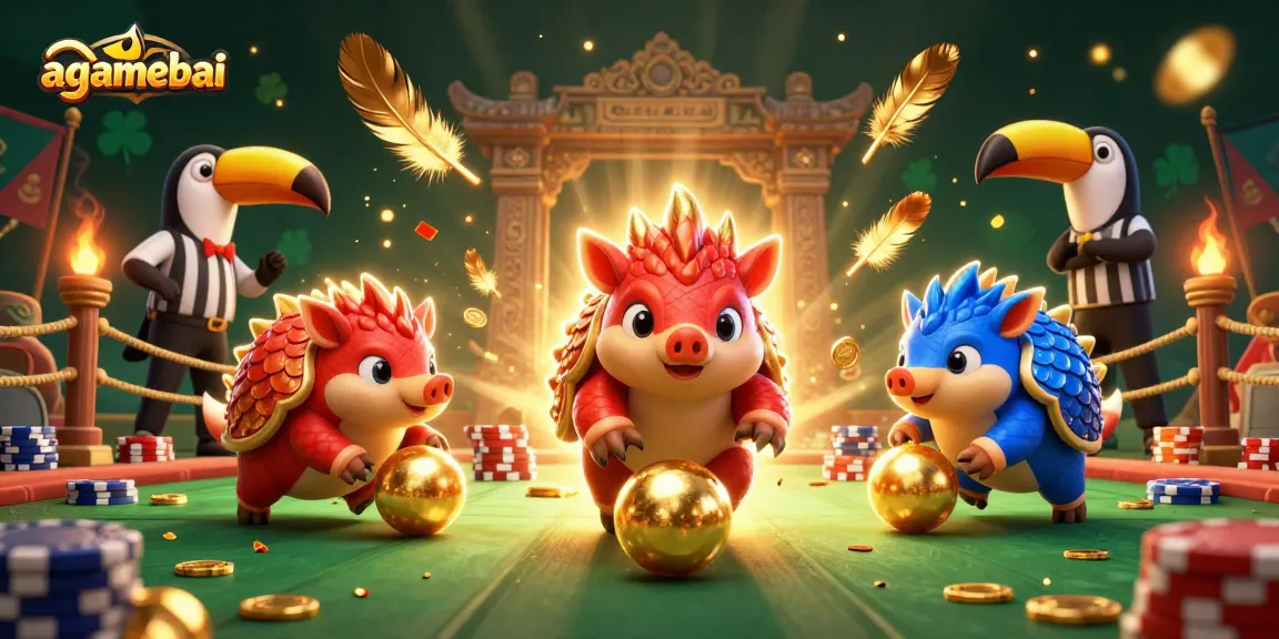 Engage in thrilling gameplay at agamebai with rival pangolins bowling through poker chips in vibrant 3D illustration.