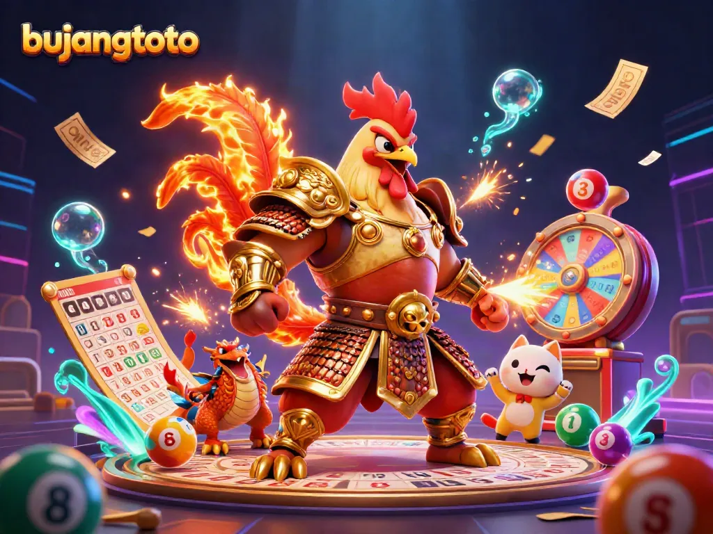 Bujangtoto showcases a dynamic scene featuring a fighting rooster, dragon hatchling, and fortune cat amidst vibrant casino elements.