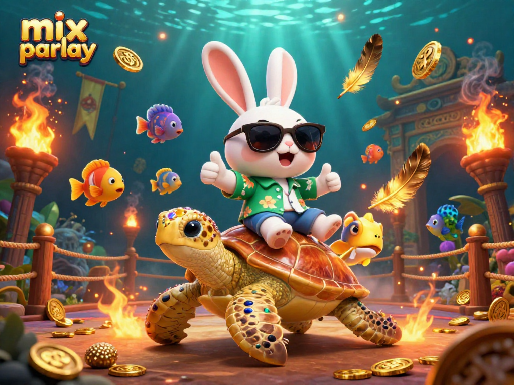 Engage in exciting mix parlay betting with an adorable rabbit and golden turtle in a vibrant underwater scene.