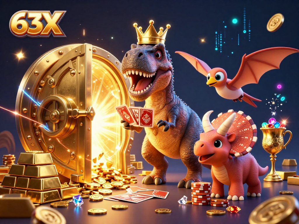 63X e um T-Rex jogando cartas no cassino repleto de tesouros dourados.
