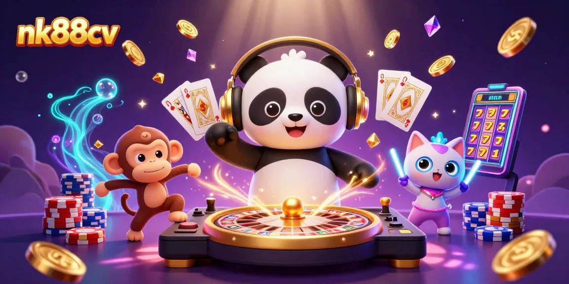 Experience thrilling games at nk88cv with an energetic 3D panda DJ spinning in a vibrant casino scene.