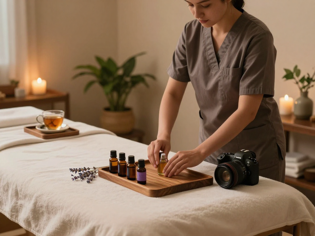 Therapist preparing essential oils for a mantra88 massage session in a calming spa environment