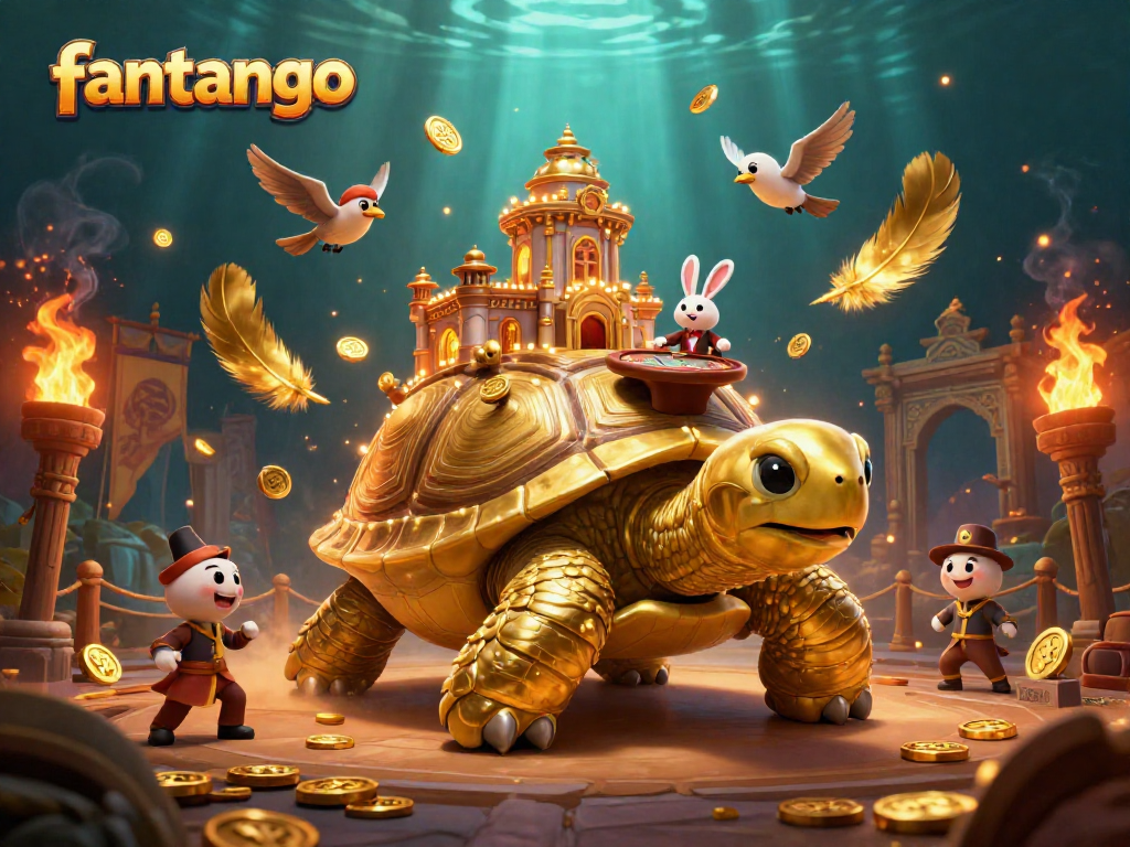 Experience thrilling fantango gameplay with a whimsical casino scene featuring a golden tortoise and rabbit dealer.