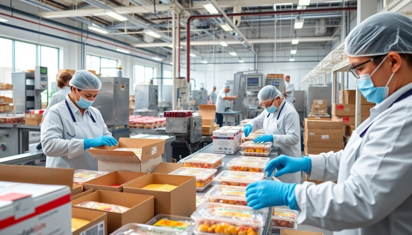 Visualize food contract packaging processes in a dynamic production setting with engaged workers and colorful packaging.