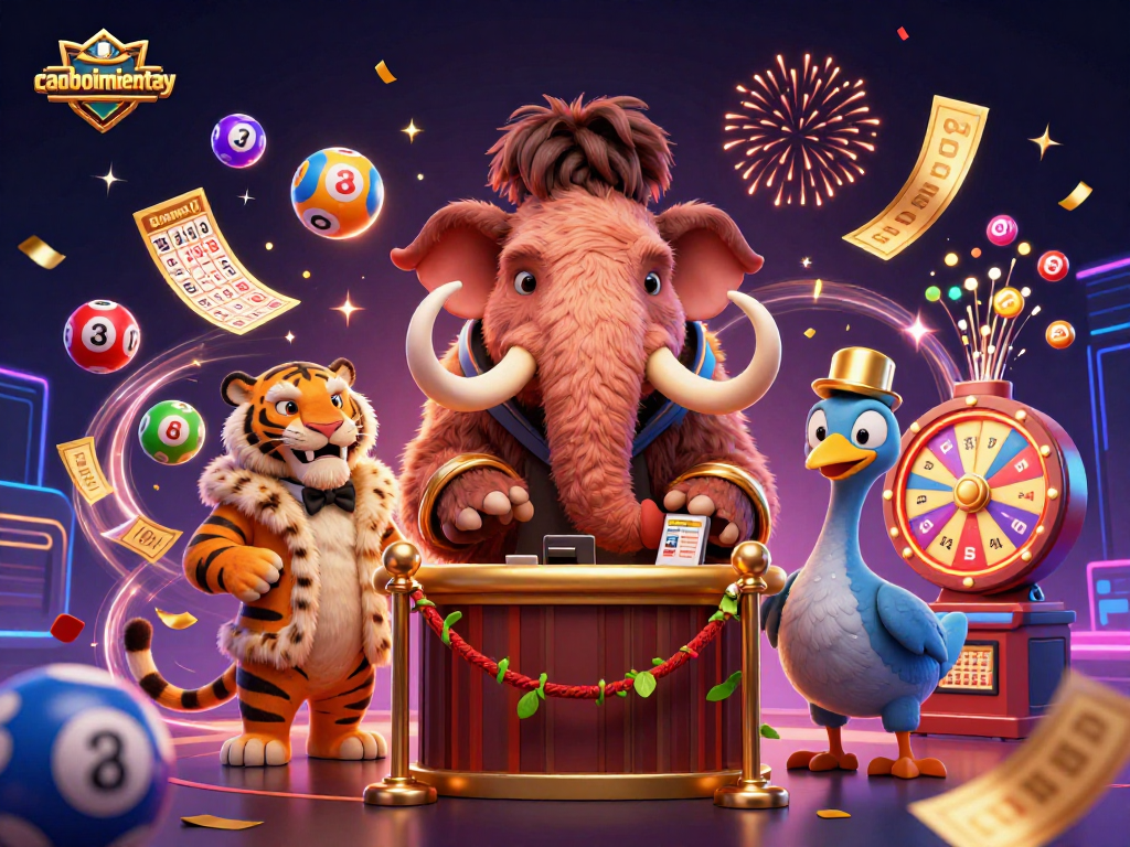 Join caoboimientay's thrilling casino adventure with a woolly mammoth checking IDs in a vibrant, energetic scene.