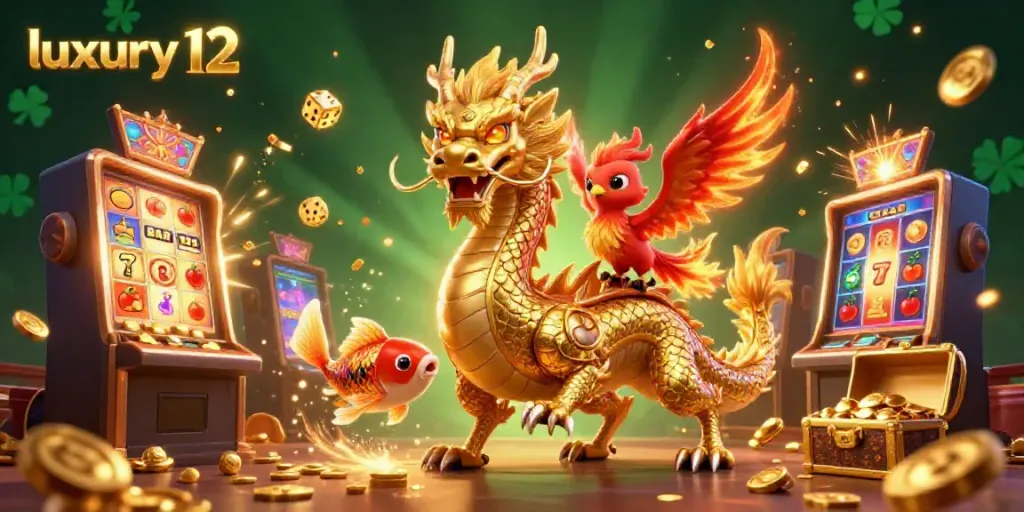 Experience luxury 12 gaming with vibrant characters and dynamic casino elements in a 3D illustration.