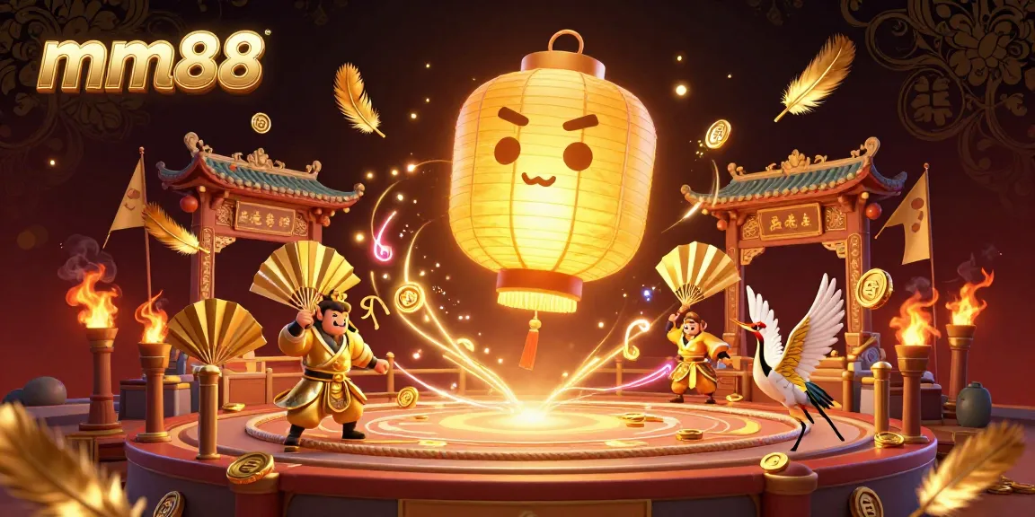 Engage with thrilling mm88 gaming scenes featuring lucky symbols, golden lanterns, and festive warriors.