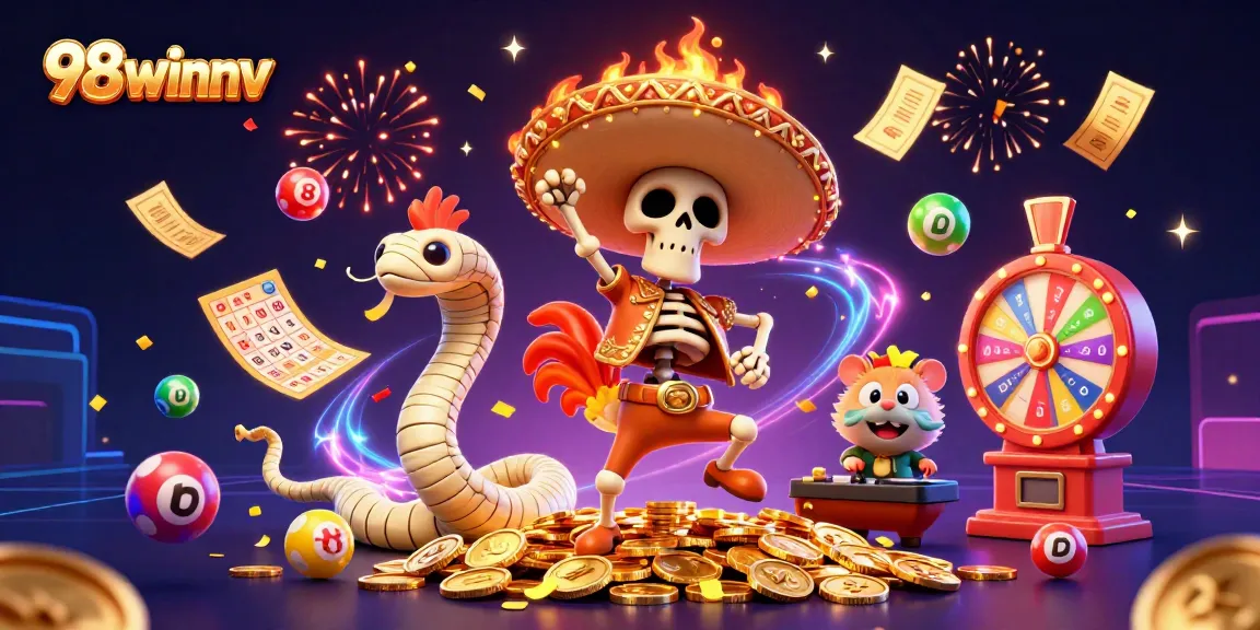 Experience the excitement of 98winnv with lively characters and vibrant gaming elements in this dynamic casino illustration.
