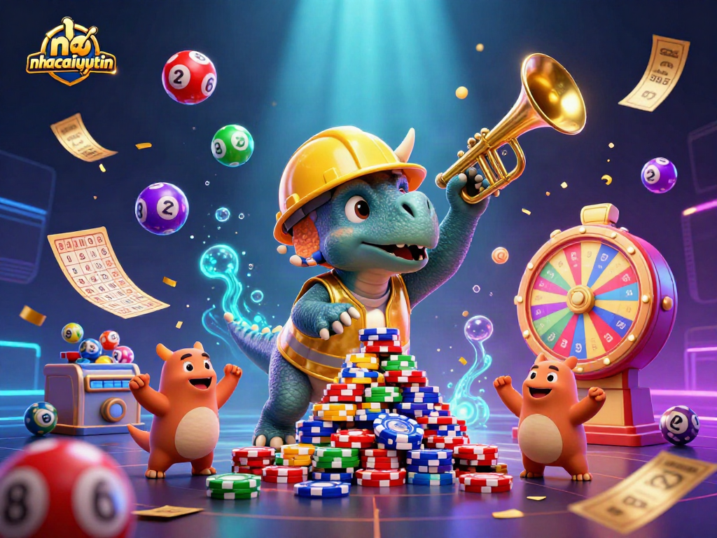 Experience thrilling wins with nhacaiuytin as a triceratops constructs a poker chip pyramid amidst vibrant casino elements.