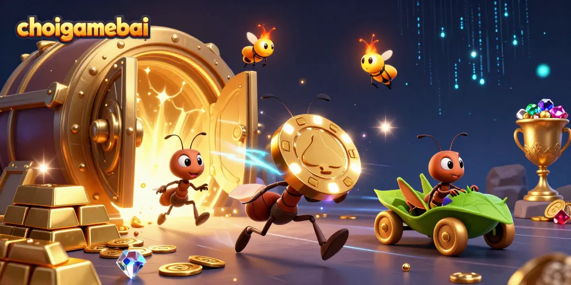 Join the fun adventure with choigamebai's ants heisting a giant poker chip in a vibrant casino scene.