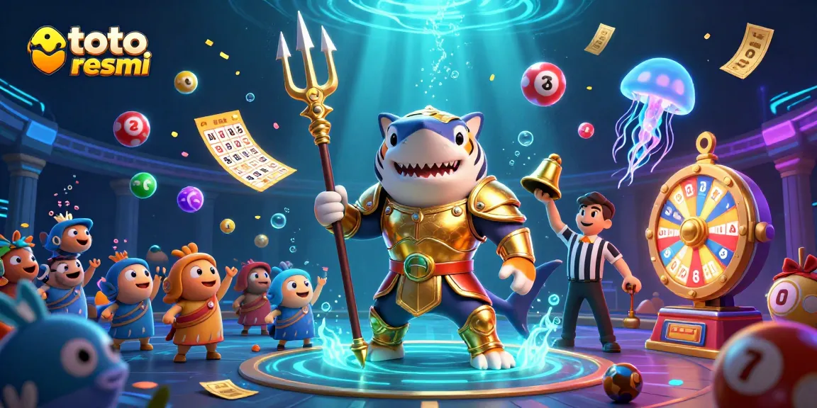 Toto resmi dalam ilustrasi 3D dengan hiu macan tempur dan bola lotere berwarna-warni.