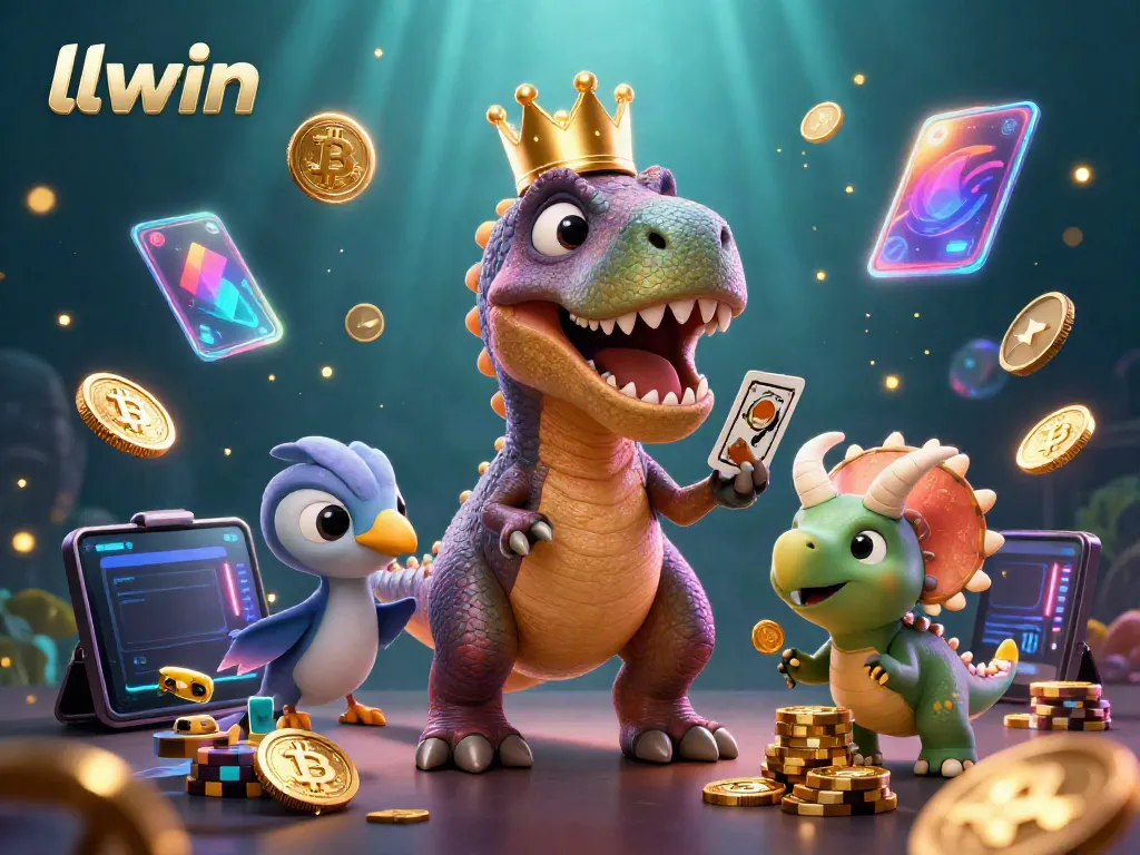 Experience thrilling card games with llwin, featuring a friendly T-Rex and colorful casino elements.