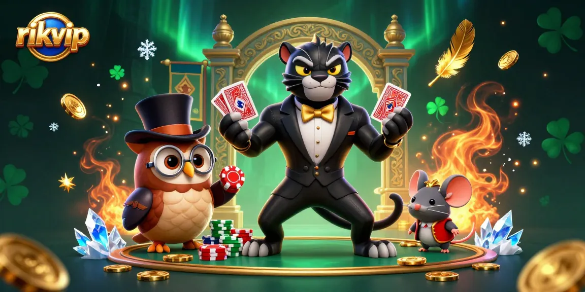 Experience the thrill of rikvip with a stylish panther dealer, owl, and lucky mouse in a vibrant casino scene.