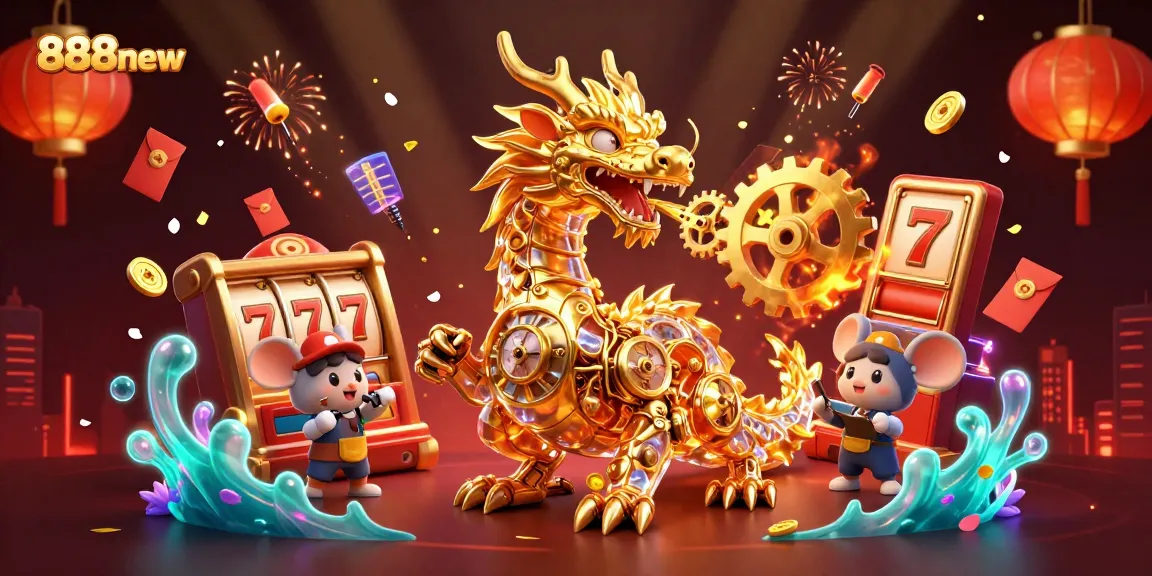 Engage with the dynamic game experience at 888new featuring a golden dragon, slot machines, and cultural symbols.