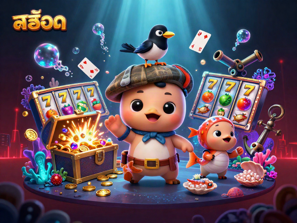 Experience exciting สล็อต adventures with a playful baby Nessie and slot game symbols in this vibrant scene.