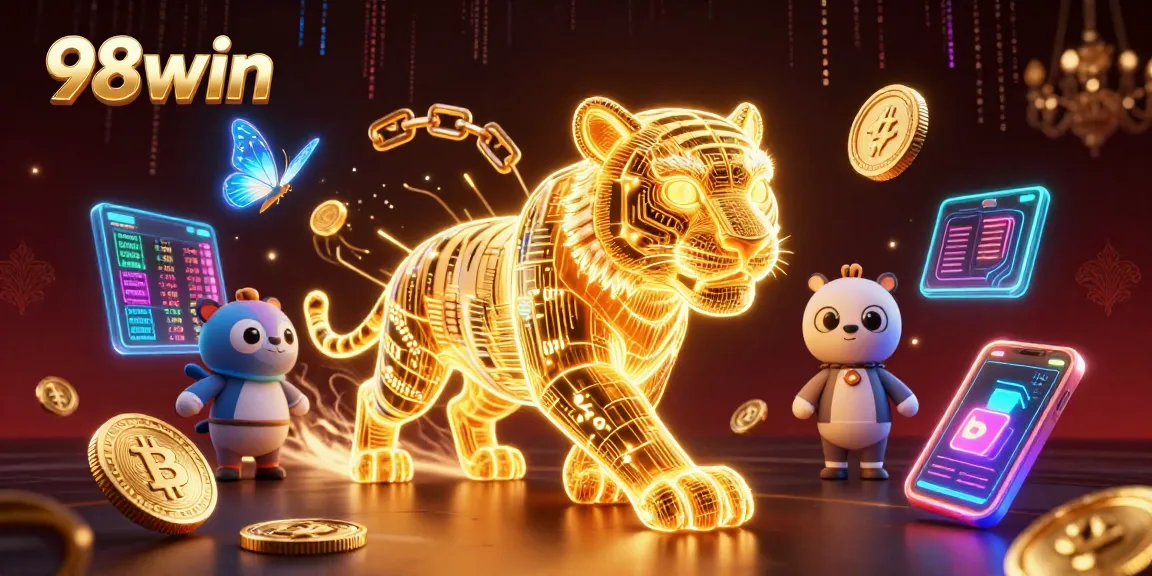 Experience the electrifying world of 98win with intricate 3D casino visuals and crypto elements.