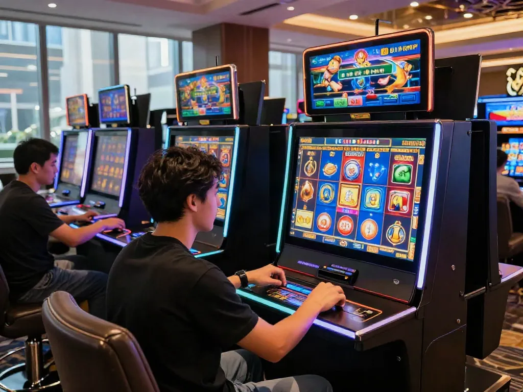 Player engaged in สล็อตเว็บตรง gaming at a modern casino, vibrant slot machine and ambiance.