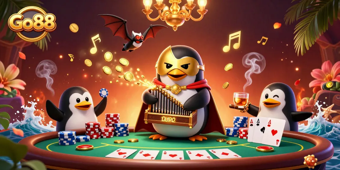 Engage in thrilling gameplay at Go88 with a 3D cartoon scene featuring poker action and fun characters.