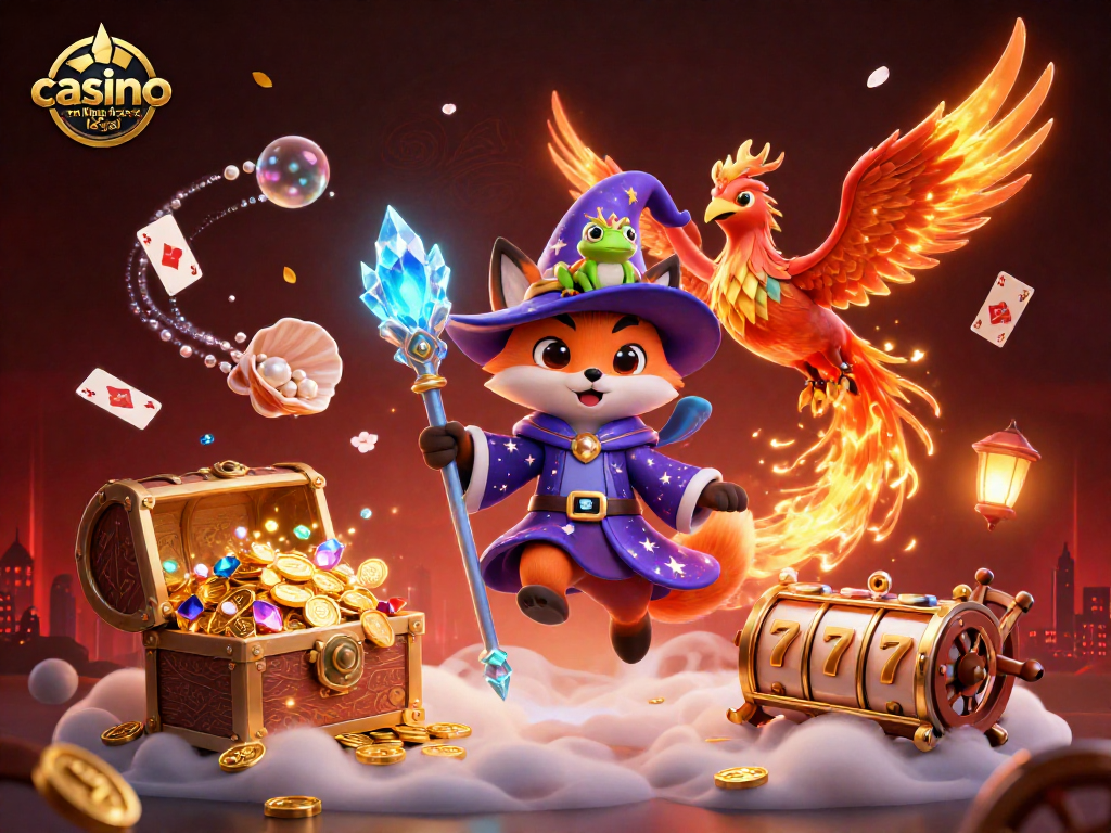 Plongez dans l'univers captivant du casino en ligne France légal, avec un mage et un phoenix entourés de trésors.