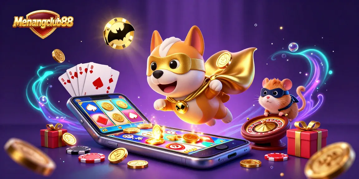 Win big with menangclub88! Superhero dog and hamster embody gaming excitement from vibrant casino scene.