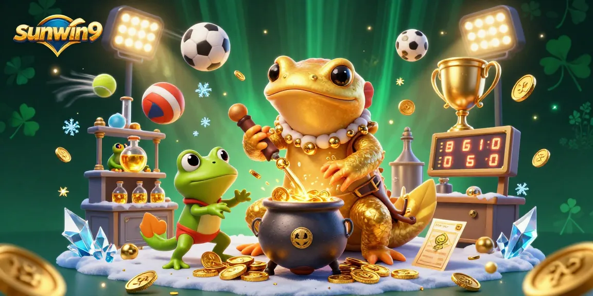 Experience the thrilling adventure at sunwin9 with a vibrant 3D casino scene featuring dynamic sports betting elements.