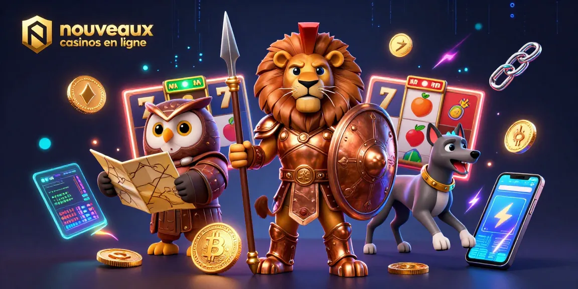 Illustration captivante sur les nouveaux casinos en ligne, montrant un lion spartiate et des éléments de jeu.
