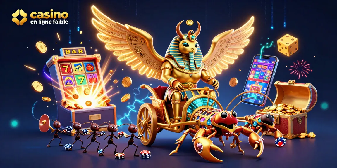 Jouer sur un casino en ligne fiable avec une illustration 3D de scarabée doré et machines à sous.