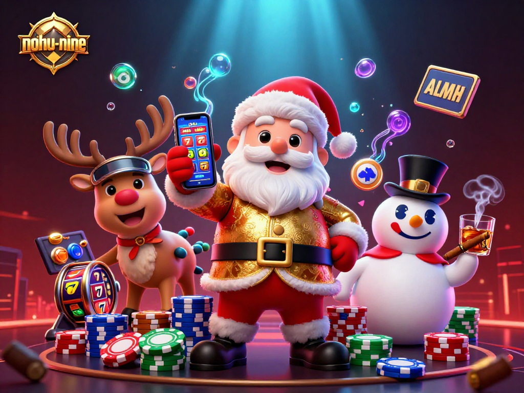 Engage in action with nohu-nine as Santa Claus spins jackpot slots amidst vibrant casino elements.