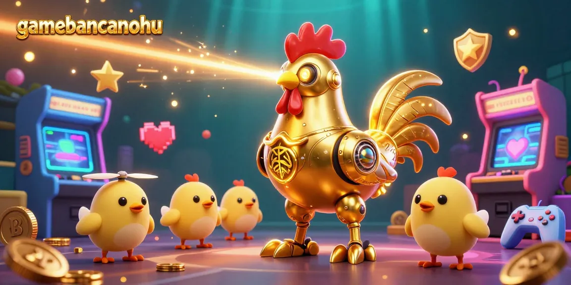 Engage with gamebancanohu's vibrant casino world featuring a golden rooster robot and arcade elements.