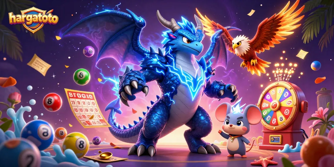 Hargatoto showcases a vibrant lottery scene featuring characters and colorful game elements.