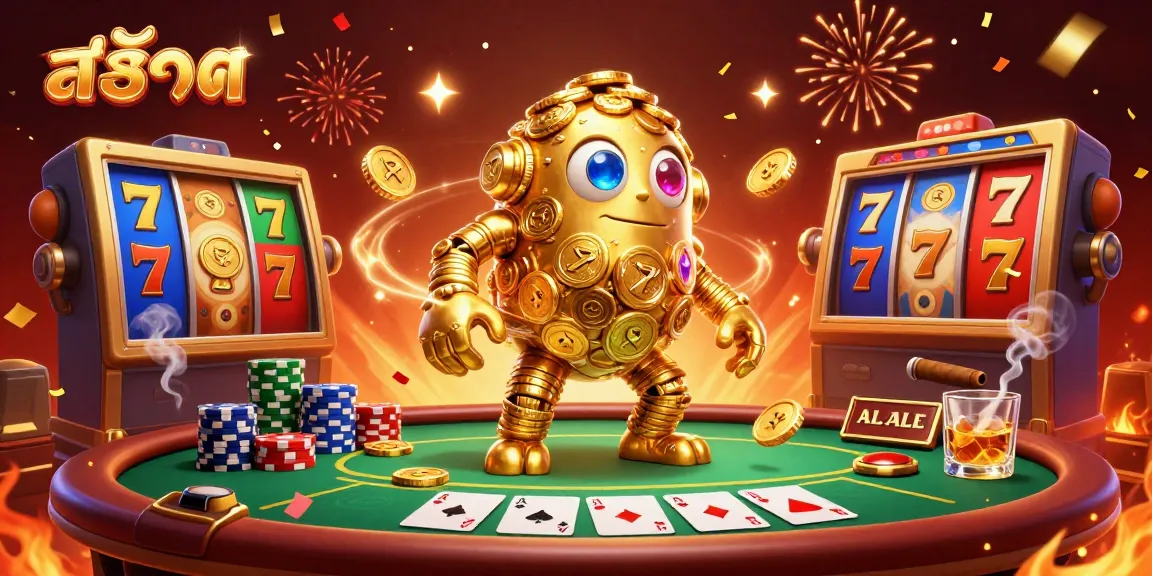 Engage with exciting slot gameplay in a vibrant scene featuring สล็อต, a majestic golem, and poker elements.