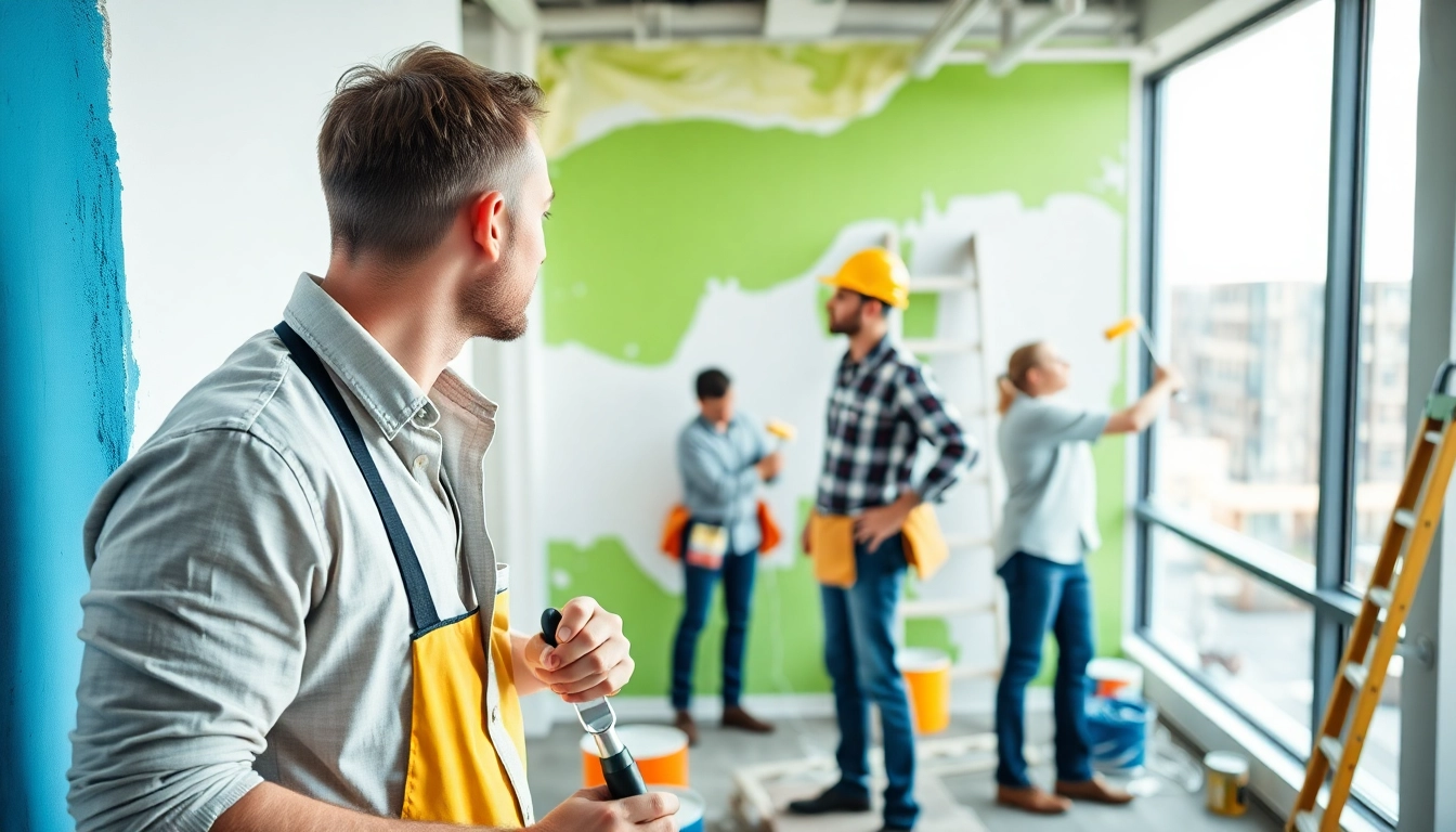 Engaging scene of commercial painting in action, showcasing skilled painters at work.