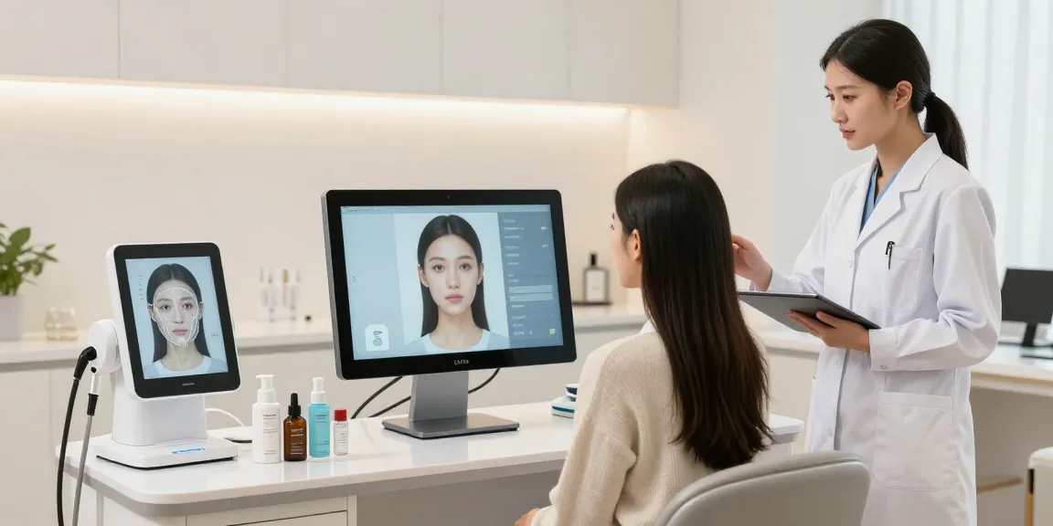 ClinicEvo cheaper than QOVES analysis in a modern beauty clinic, showcasing facial features on a touchscreen.