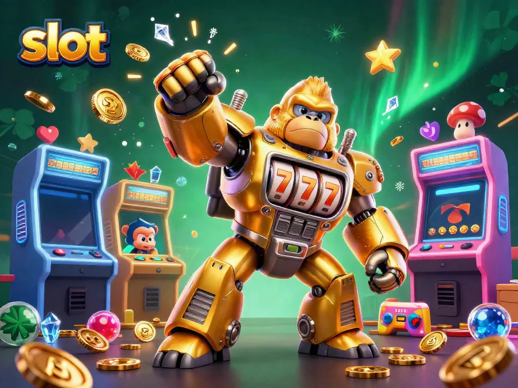 Gambar slot, gorila transformer berwarna emas dengan elemen mesin slot, uang koin meledak.