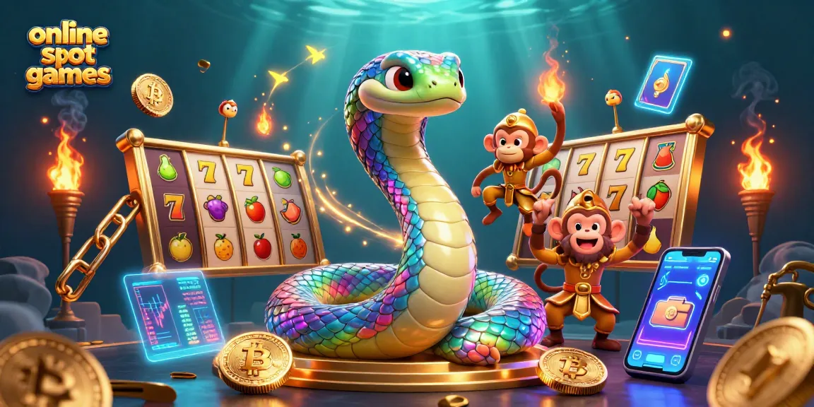 Play online slot games with vibrant characters, a rainbow serpent, and exciting casino elements.
