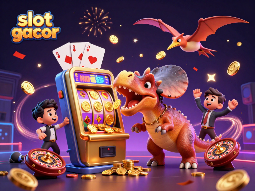 Experience the excitement of slot gacor with a cartoon pachycephalosaurus winning jackpots amidst a buzzing casino atmosphere.