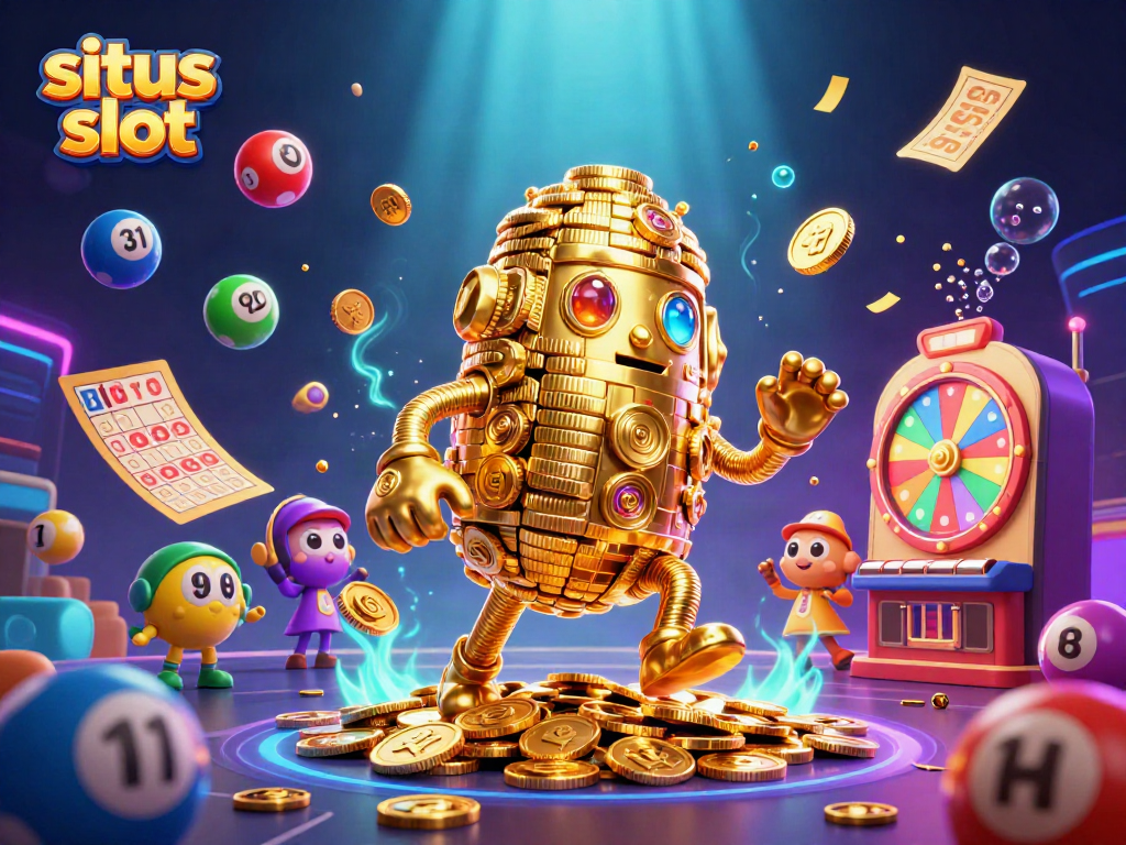 Menangkan permainan situs slot dengan golem emas, bola lotere berwarna, dan kartu bingo di latar belakang yang menakjubkan.